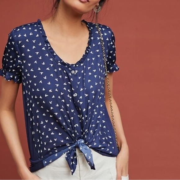 Anthropologie Blue and White Tie Front Short Sleeve Blouse - Picture 1 of 4